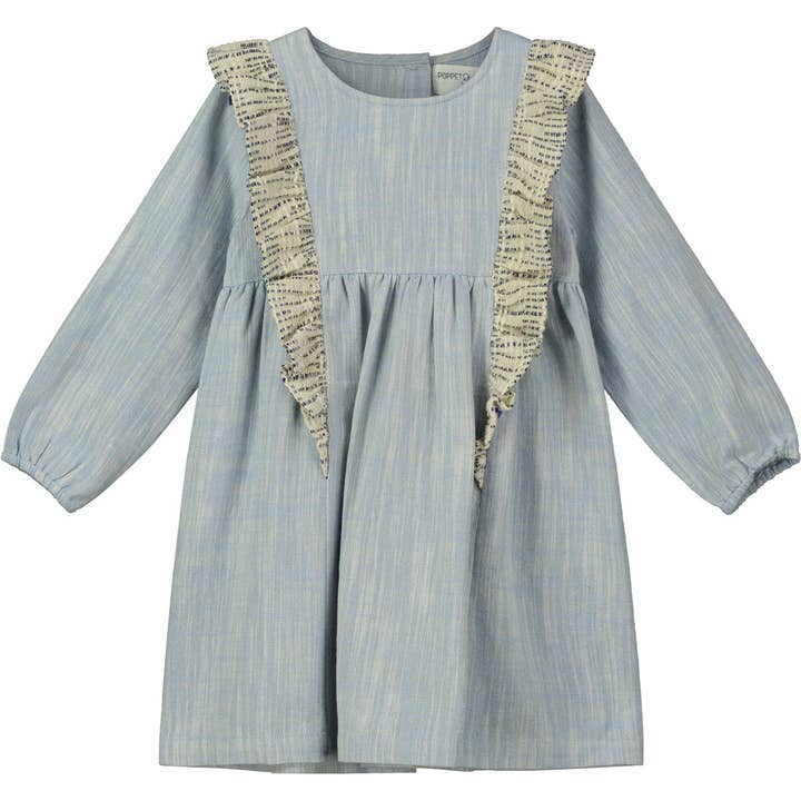 Contrast ruffle dress in blue for wholesale by Poppet & Fox