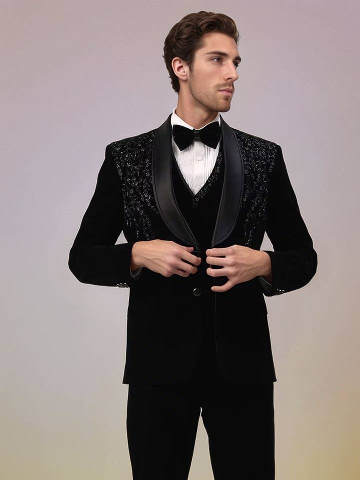 Classic Black Men Tuxedo Blazer with Embroidered Terry Rayon for wholesale by Masculine MOoda