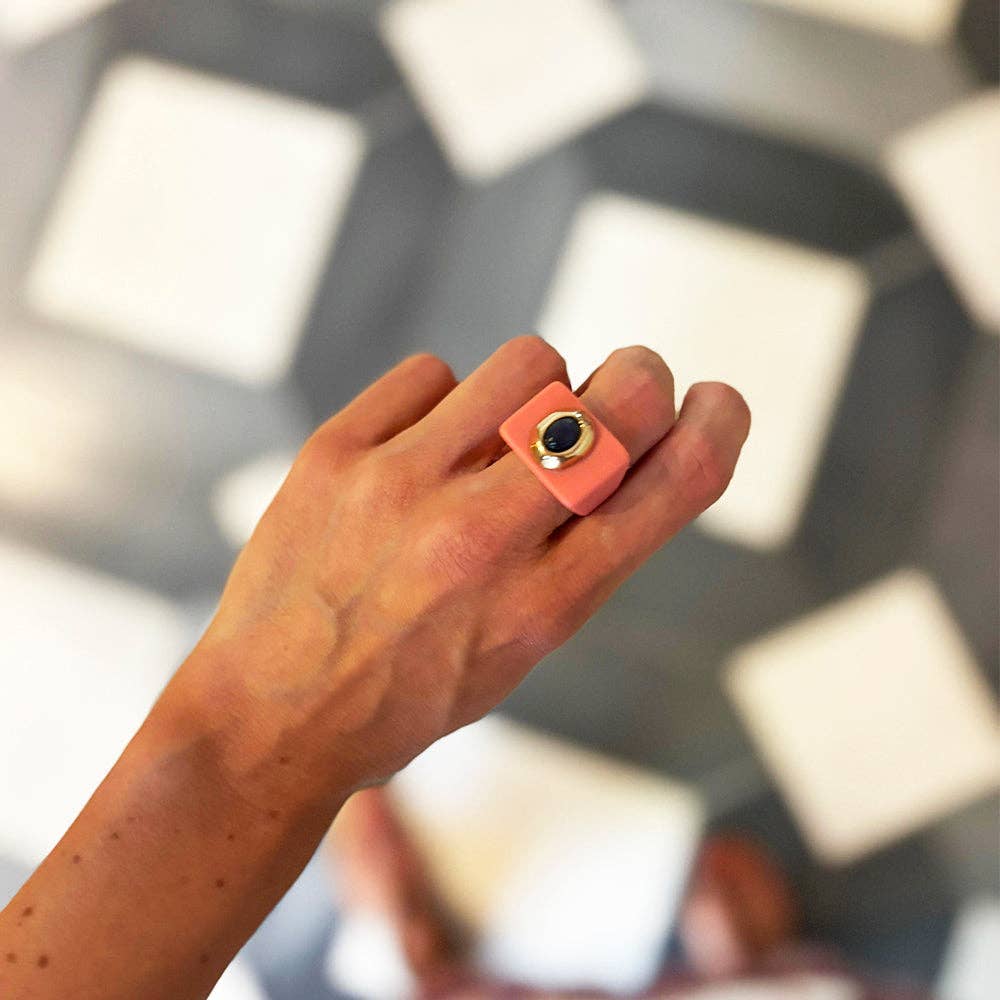 ÉMOLO - Wholesale Cocktail/Statement Ring - Coral women's ring with natural sodalite stone7