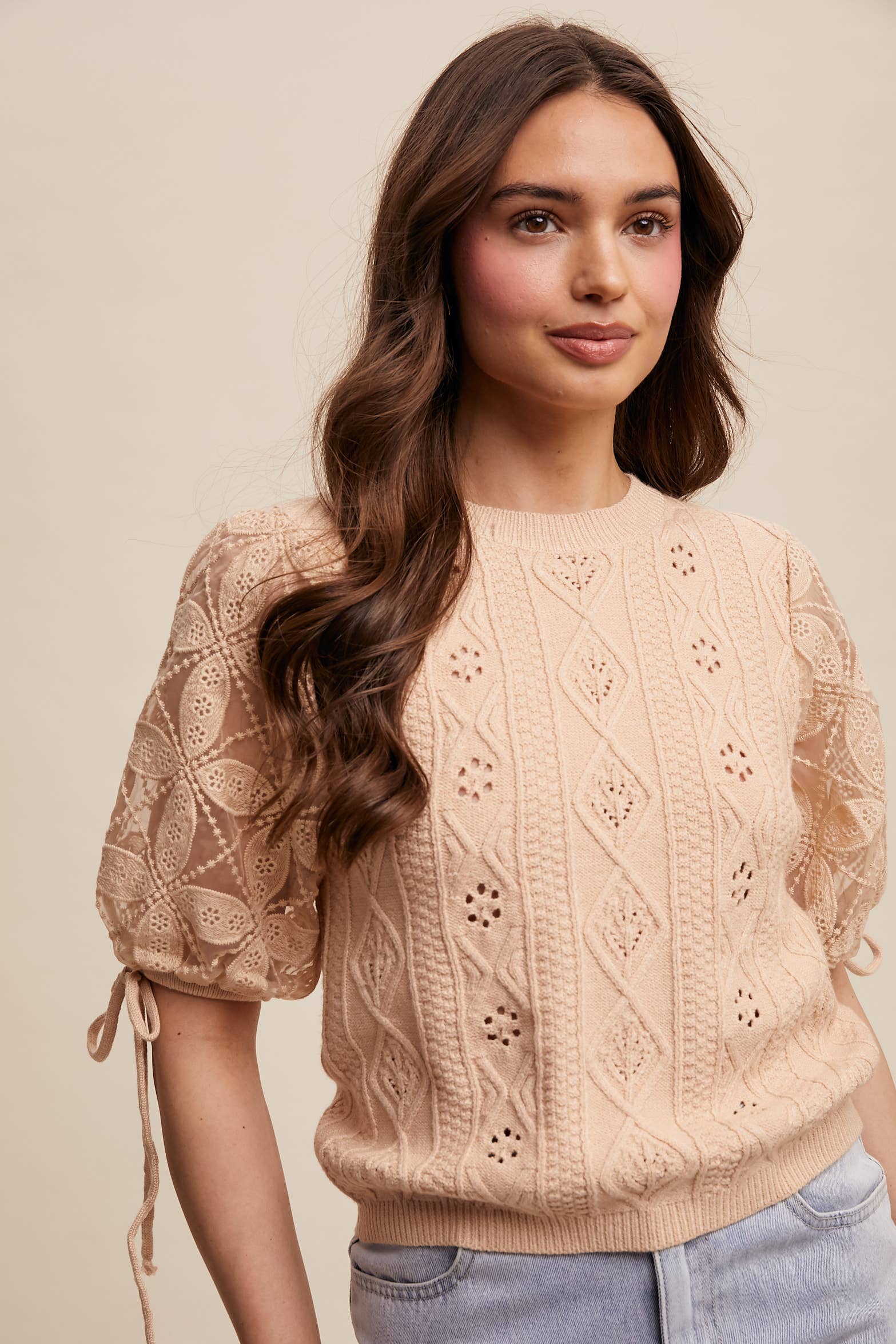 Listicle – Pulôver - Mulher por atacado – Top de Malha com Mangas Bufantes e Ilhós1