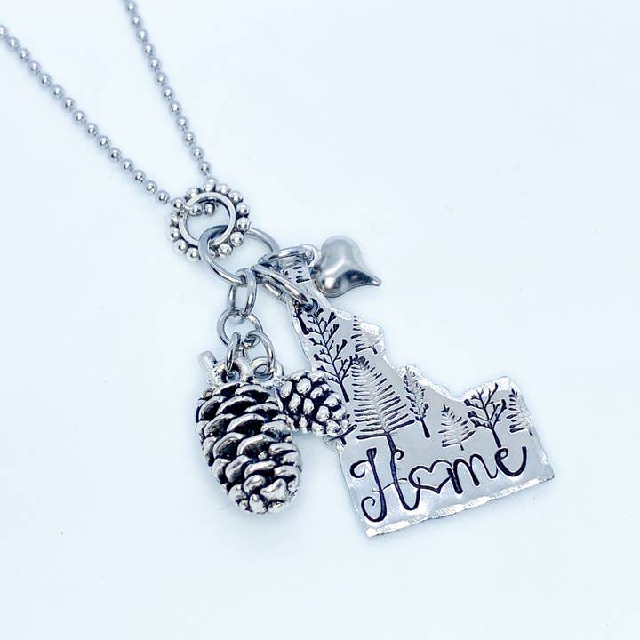 Idaho Forest Trees Pine Cone Hand-Stamped Necklace for wholesale by Stamped Serendipity