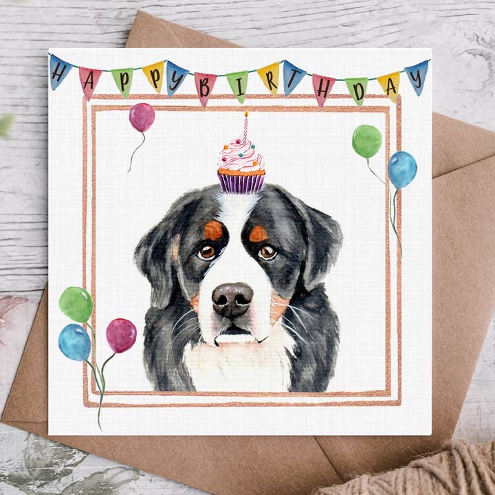 Bernese Mountain Dog Holding Rainbow Balloons for wholesale by Cloud Jellybean Art