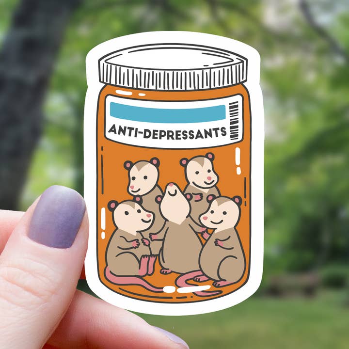 Opossum Anti-Depressant Sticker - 3" for wholesale by Mimic Gaming Co