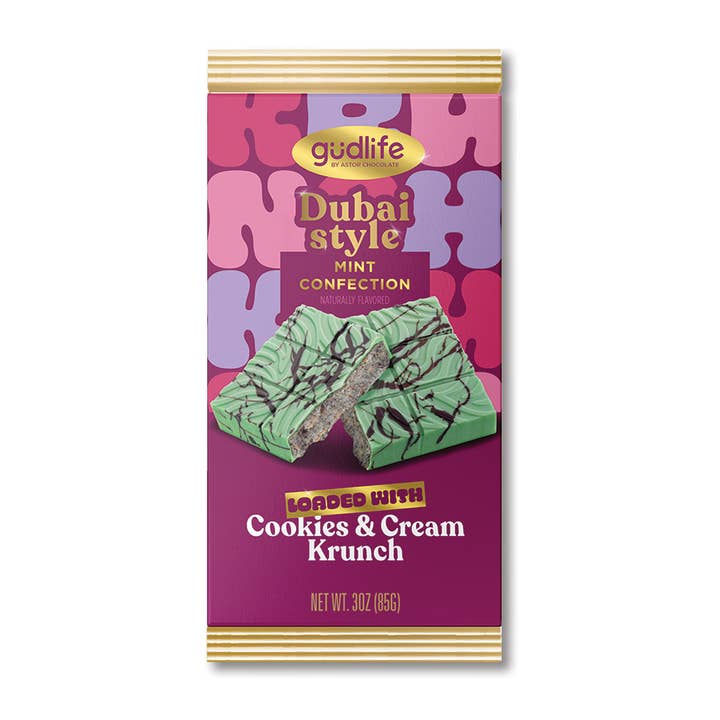 Gudlife DUBAI STYLE Barre de Confiserie Menthe Cookies & Cream 3oz pour la vente par Astor Chocolate Corp.