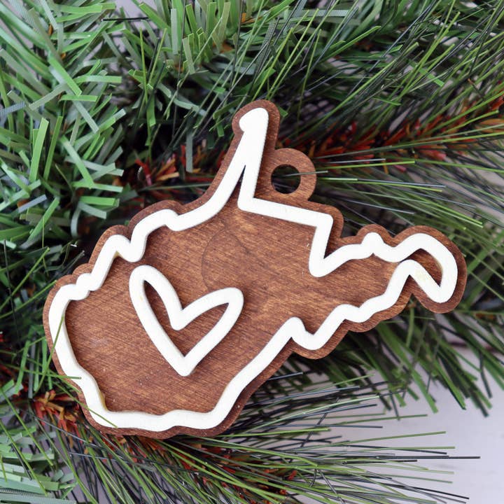 West Virginia Layered Wood Christmas Ornament for wholesale by The Trendy Traveler