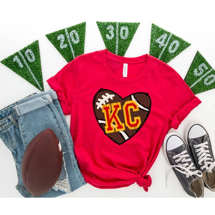 KC Football Heart Red Graphic Tee for wholesale by The Red Rival Wholesale