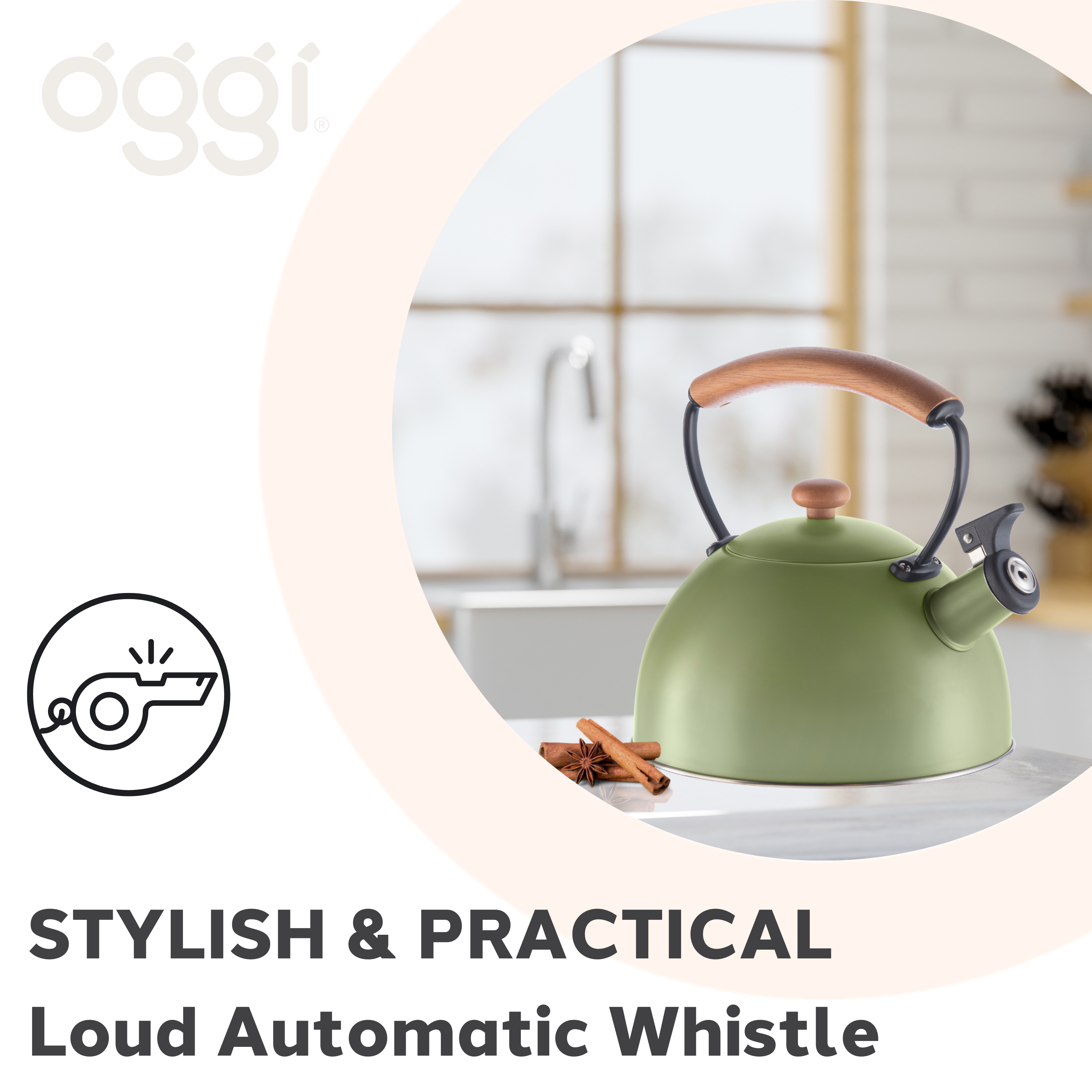 Oggi - Wholesale Kettle - Stovetop Kettle - Steel, Wood Handle, Whistle (1.9lt, 64oz)7