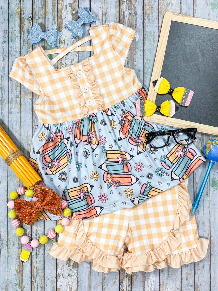 The Hair Bow Company - Wholesale Top & Short Set - Kids - Yellow Gingham & Pencils Ruffled Shorts Set