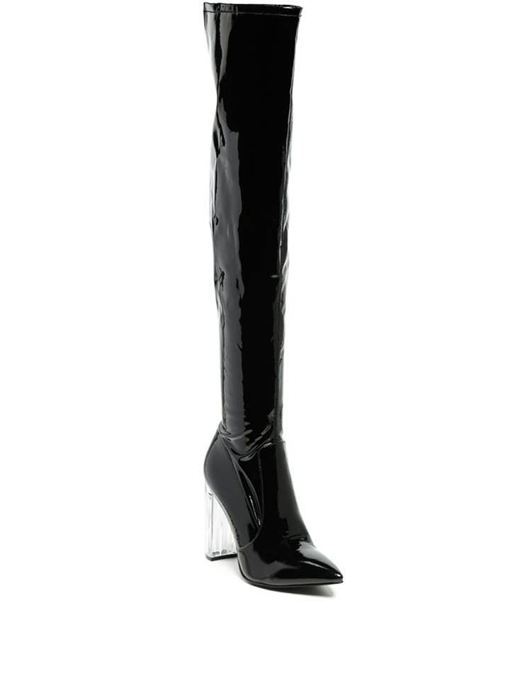 NOIRE THIGH HIGH LONG BOOTS IN PATENT PU for wholesale by Rag Company