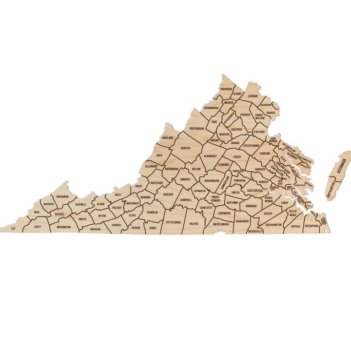 Virginia County Map Wall Hanging - Crafted from Cherry or Maple Wood for wholesale by LazerEdge