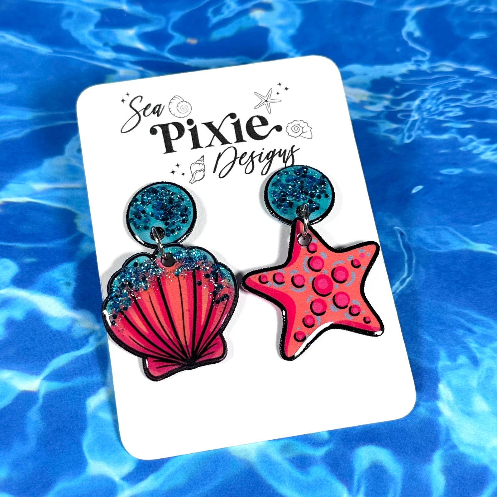 Sea Pixie Designs – wholesale Dangle earrings – Glitter Starfish & Shell Mismatch Dangle Earrings, Coastal5