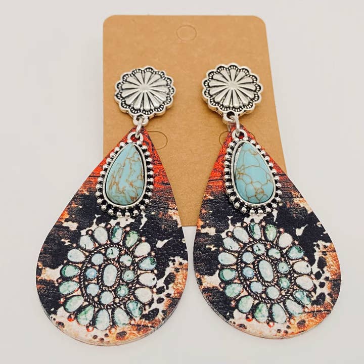 Mio Queena - Wholesale Dangle Earrings - Western Drop-shape Leather Turquoise Pendant Earrings - WJ4
