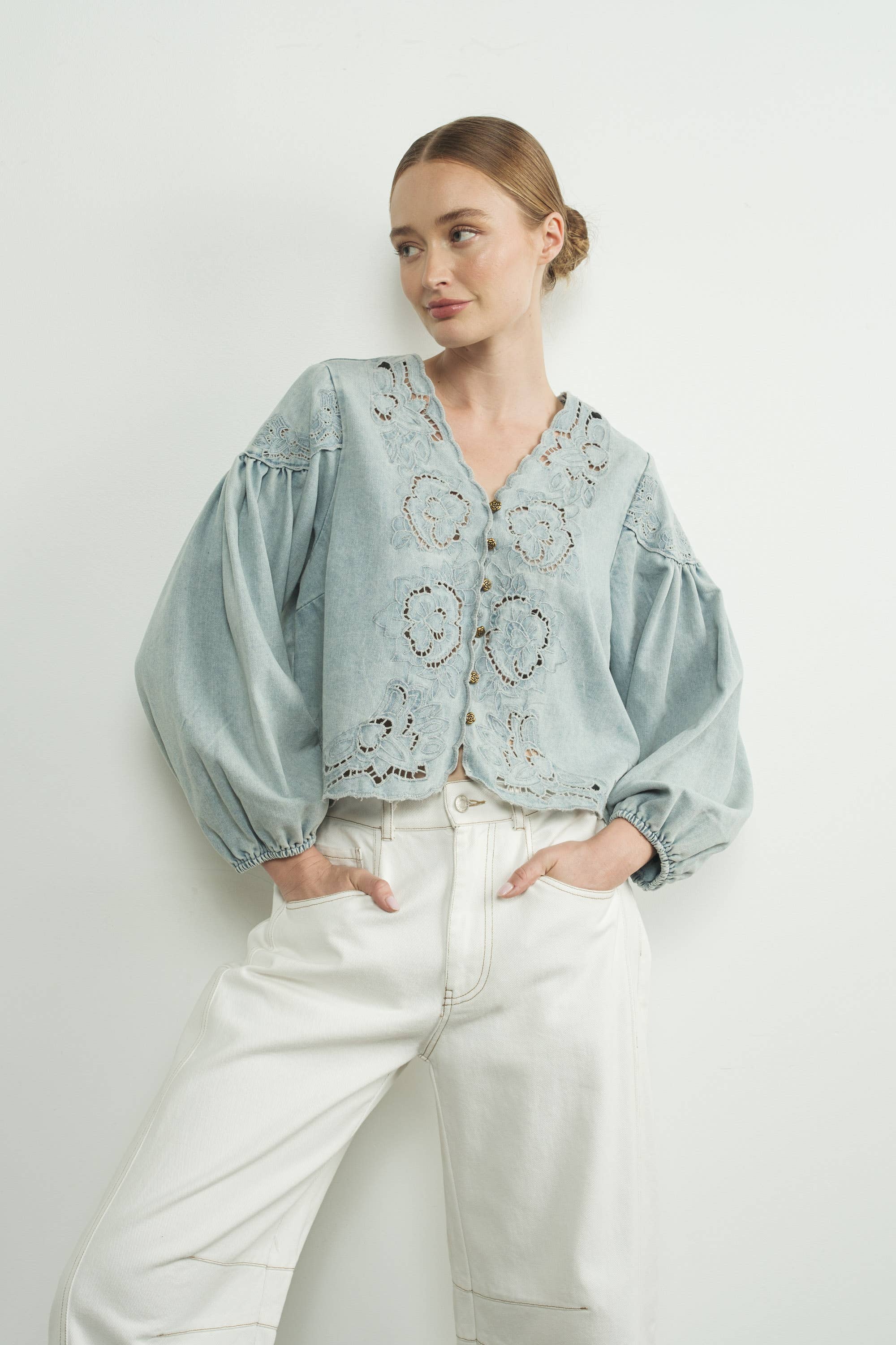 Aaron & Amber - Wholesale Blouse - Women's - MAT2892 DENIM EMBROIDERY VOLUME SLEEVE BLOUSE TOP3