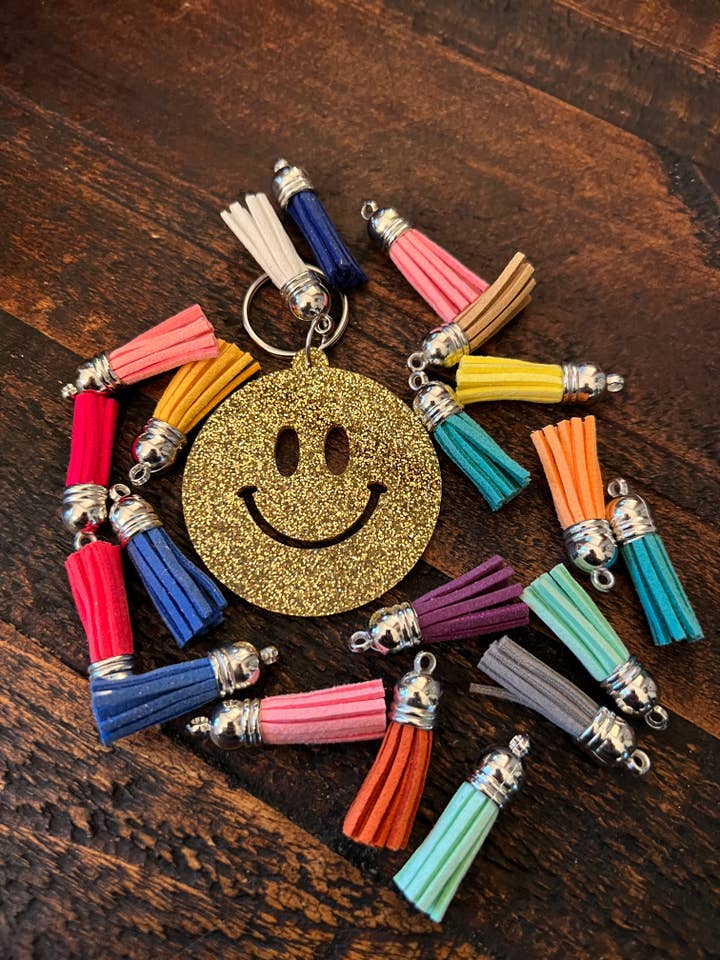 Guld glitter akryl smiley ansigt nøglering for engroshandel hos Suchfungoods