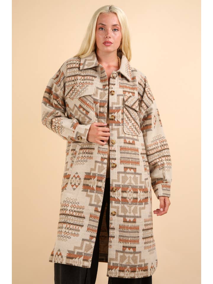 VERY J - Wholesale Shirt Jacket/Shacket - Women's - NJ90325-Aztec & Plaid Printed Shacket Jacket Coat