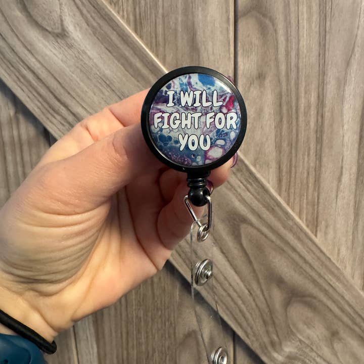 AbstractbyRabrams - Wholesale Badge Accessory - Unisex - I Will Fight For You Badge Reel - Trans Pride Badge Reel