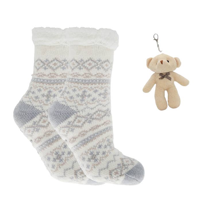 Vanilla & shea nfsd Slppr Socks w Tan Bear Keychain-beige for wholesale by MinxNY