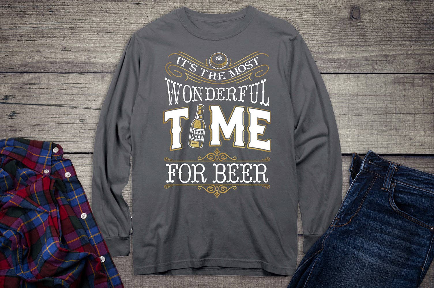 Artopia - Wholesale Screen Printed T-Shirt - Unisex - Wonderful Time For A Beer Metallic Long Sleeve Shirt3