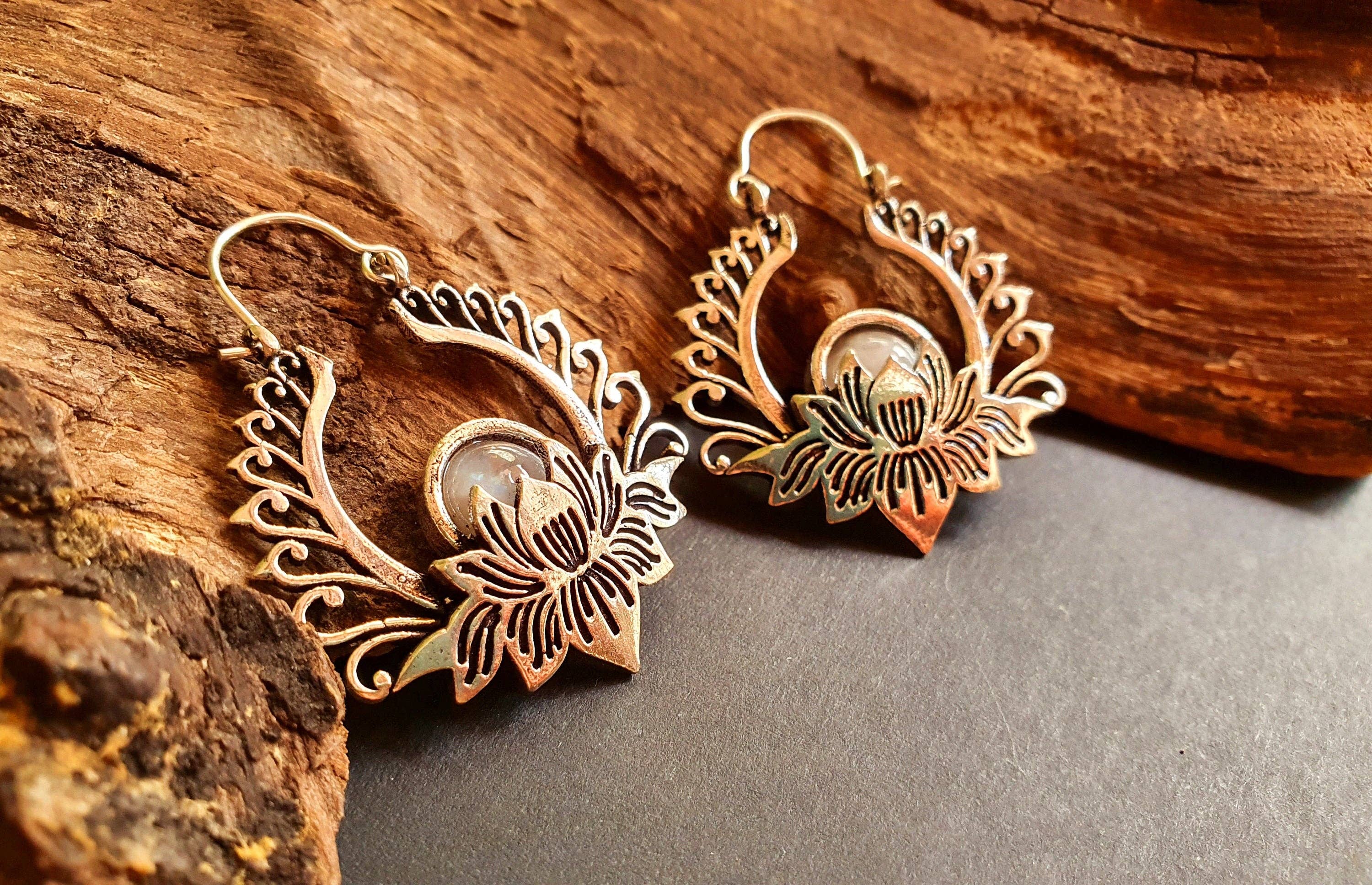 Kaali Boutique - Wholesale Hoop Earrings - Silver Lotus Flower Moonstone Earrings rustic, yoga, hippie, gypsy, pretty, psy, boho, bohemian, festival