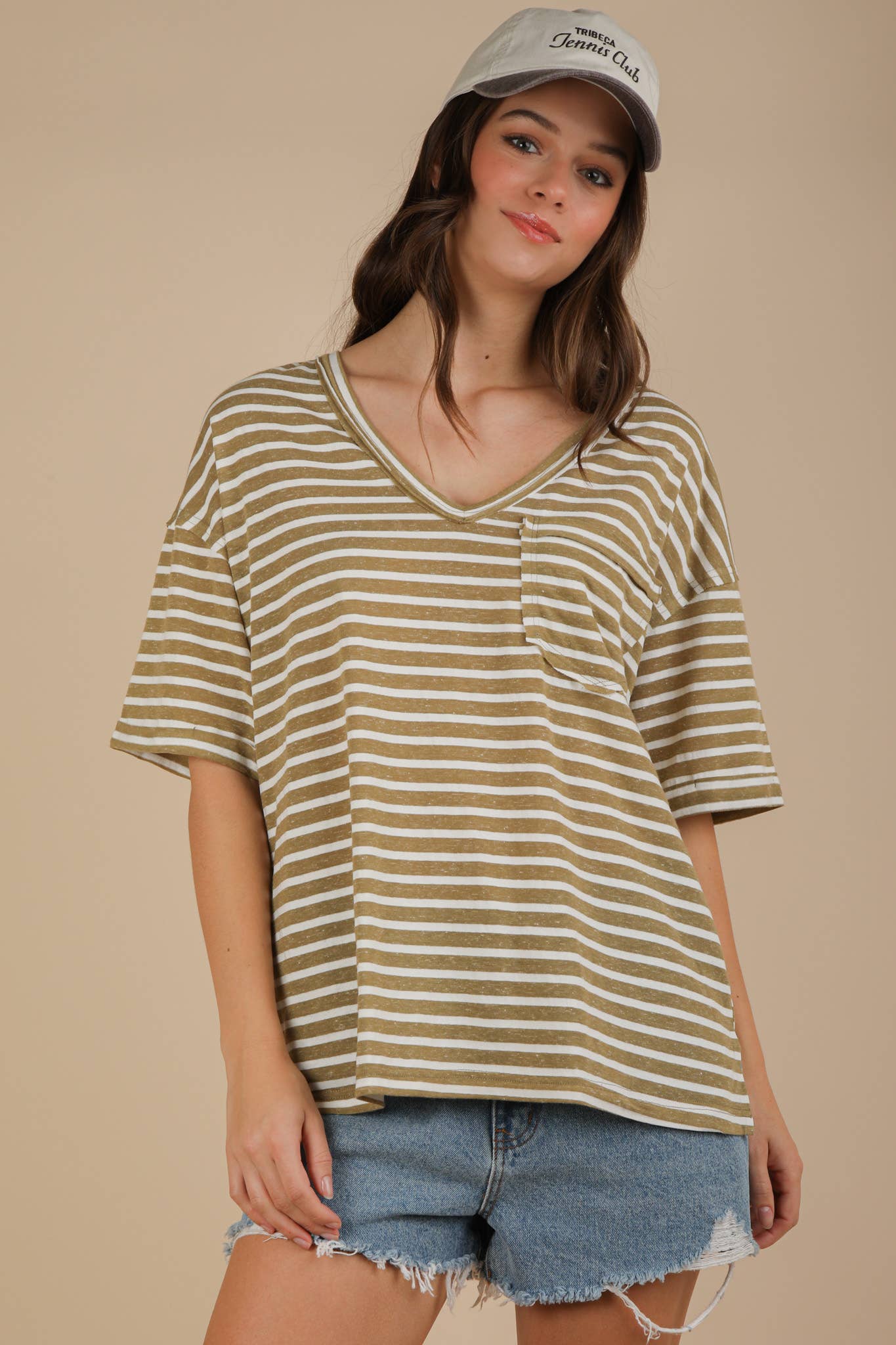 VERY J - Wholesale Knit Top - Women's - NT12167-Oversized Stripe Casual V-Neck Knit Top37