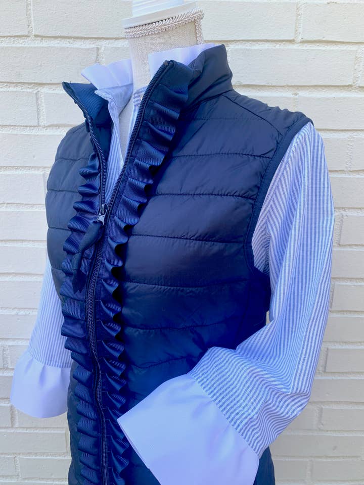 Maggie May Ruffle Puffer Vest - Navy w Navy Ruffled Ribbon for wholesale on Faire1