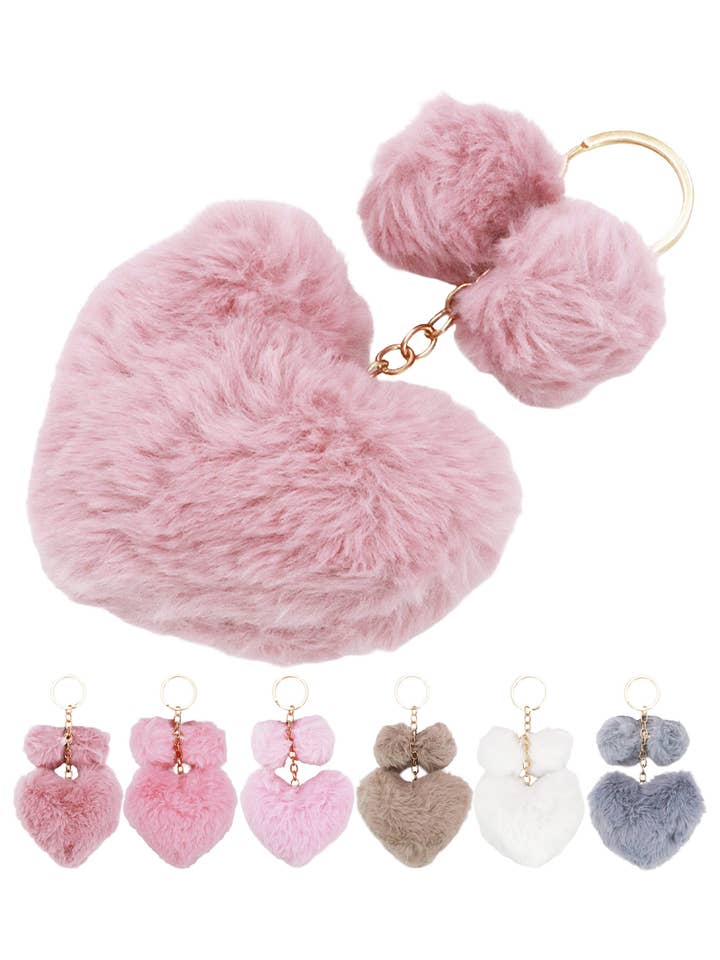 Portachiavi Cuore in Finta Pelliccia Morbida con Doppio Pom Pom per la vendita all'ingrosso da parte di Cap Zone