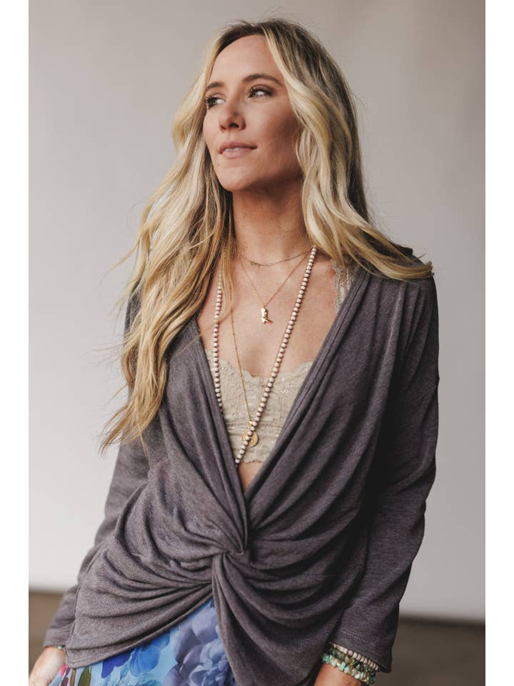 Three Bird Nest - Wholesale Blouse - Women's - Twisted Harmony Top - Charcoal Brown