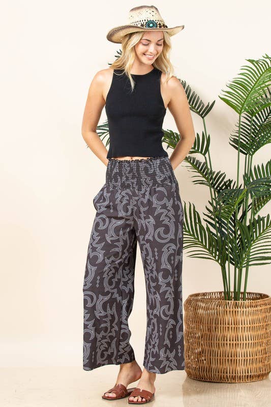 Marron AV1243-PANTALON SMOCK ÉLASTIQUE IMPRIMÉ COUTURE WESTERN ZARA en vente sur Faire5