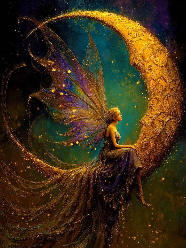 Fairy Relaxing on a Crescent Moon Art Print - Fairies 8"x10" Artwork for wholesale by Mowbi
