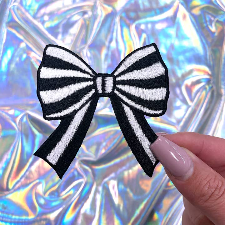 Black Striped Coquette Bow Patch Embroidered Iron-On for wholesale by The Crafty Engineer