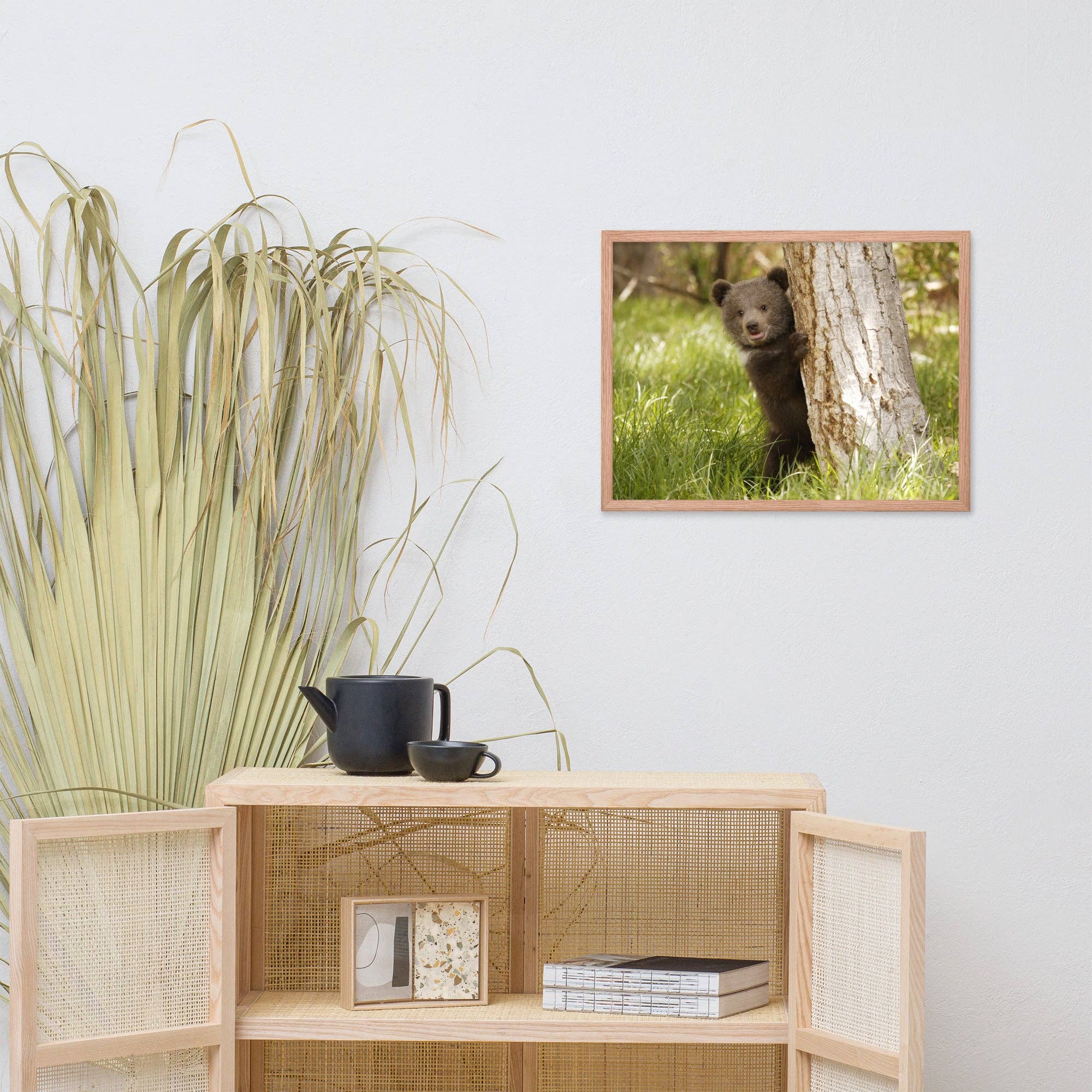 Pipa Wall Art & Home Decor - Wholesale Art Print - Cute Baby Grizzly Bear Cub Behind Tree In Meadow Framed Art11