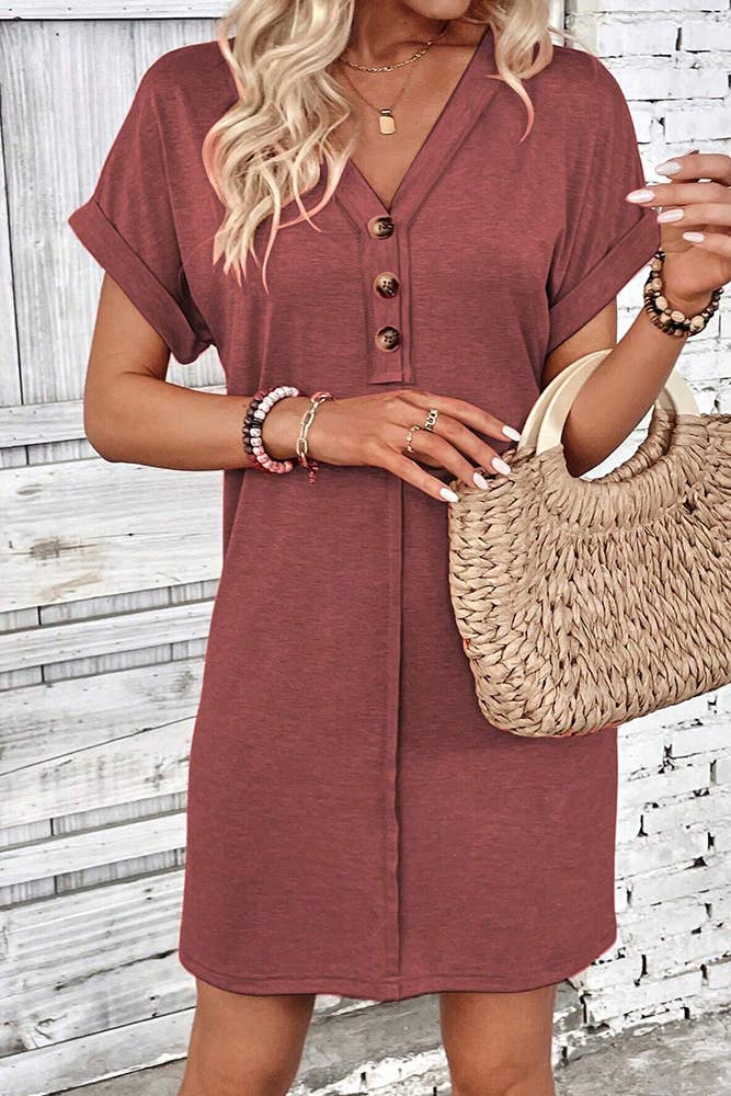 UNISHE - Wholesale Dress – Women's - Plain V Neck Buttoned Exposed Seam T-Shirt Dress AXR09510