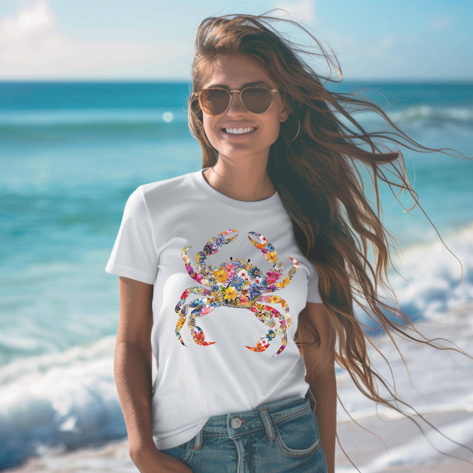 NVC Ecommerce LLC - Wholesale T-Shirt (Graphic) - Women's - Crab with Floral on Shell Tee, Boho Floral Crab Sweater0
