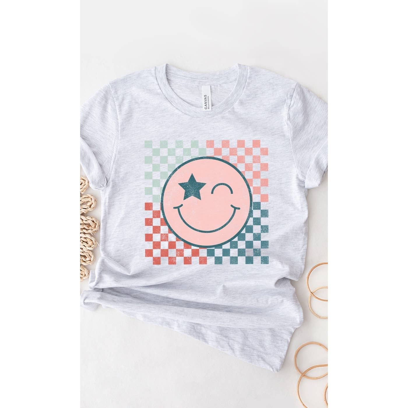 Kissed Apparel - Wholesale Screen Printed T-Shirt - Women's - Star Winky Smiley Checker Graphic Tee0