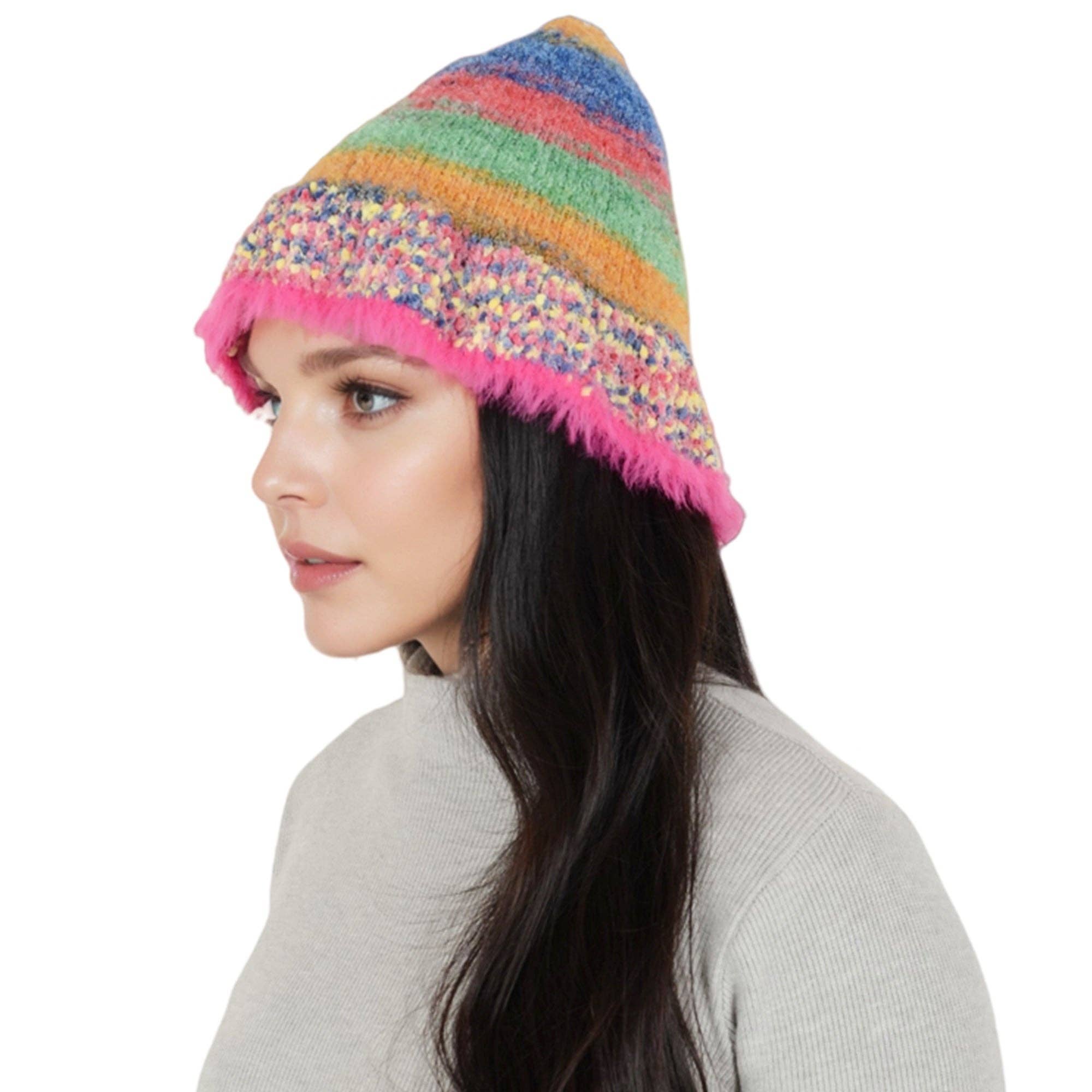 AK Brand – wholesale Bucket hat – Women's – Colorful Striped Knit Bucket Hat Fluffy Winter Fisherman Hat3