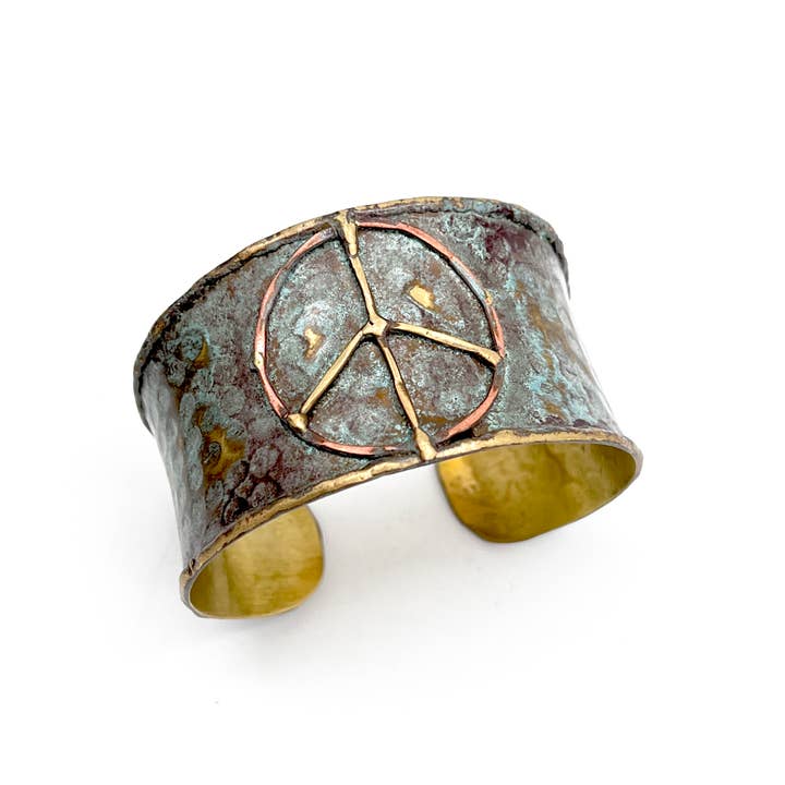 Anju Jewelry - Wholesale Cuff Bracelet - Brass Patina Cuff Bracelet - Rustic Blue Peace Sign