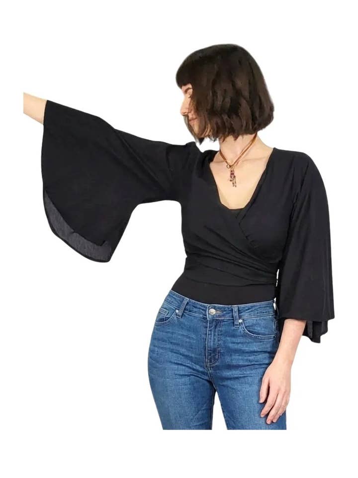 Solid Bell Sleeve Wrap Top for wholesale by Ark Imports