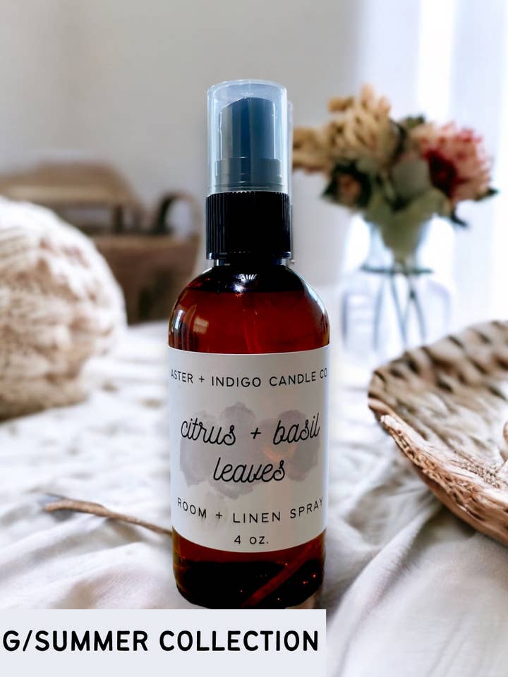 Citrus + Basil Leaves | Summer Room + Linen Spray | 4oz for wholesale by Aster + Indigo Candle Co.