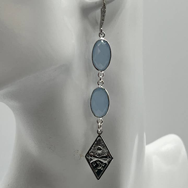 Pendientes de Piedras Preciosas/Doble Óvalo Aqua con Dije de Diamante de Plata para venta al por mayor de Ritzy Roxx