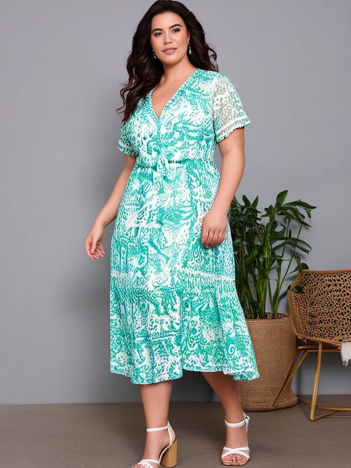 Plus size printed dress (C6570-GREEN) for wholesale by Pomme Rouge Paris
