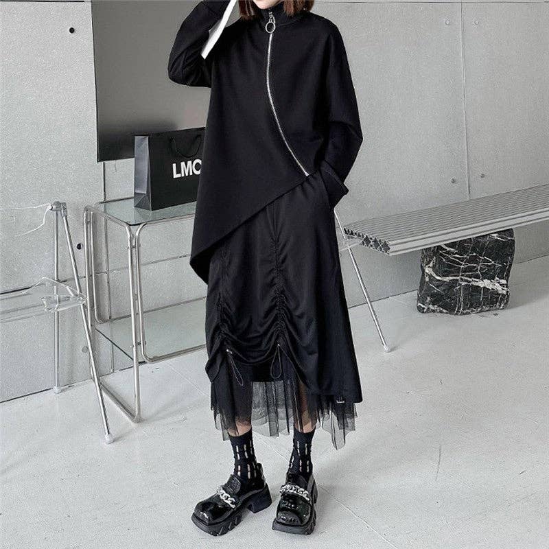 SCHWARZ Unifarbener High-Neck-Reißverschluss Unregelmäßiges T-Shirt-Top für den Großhandel auf Faire2