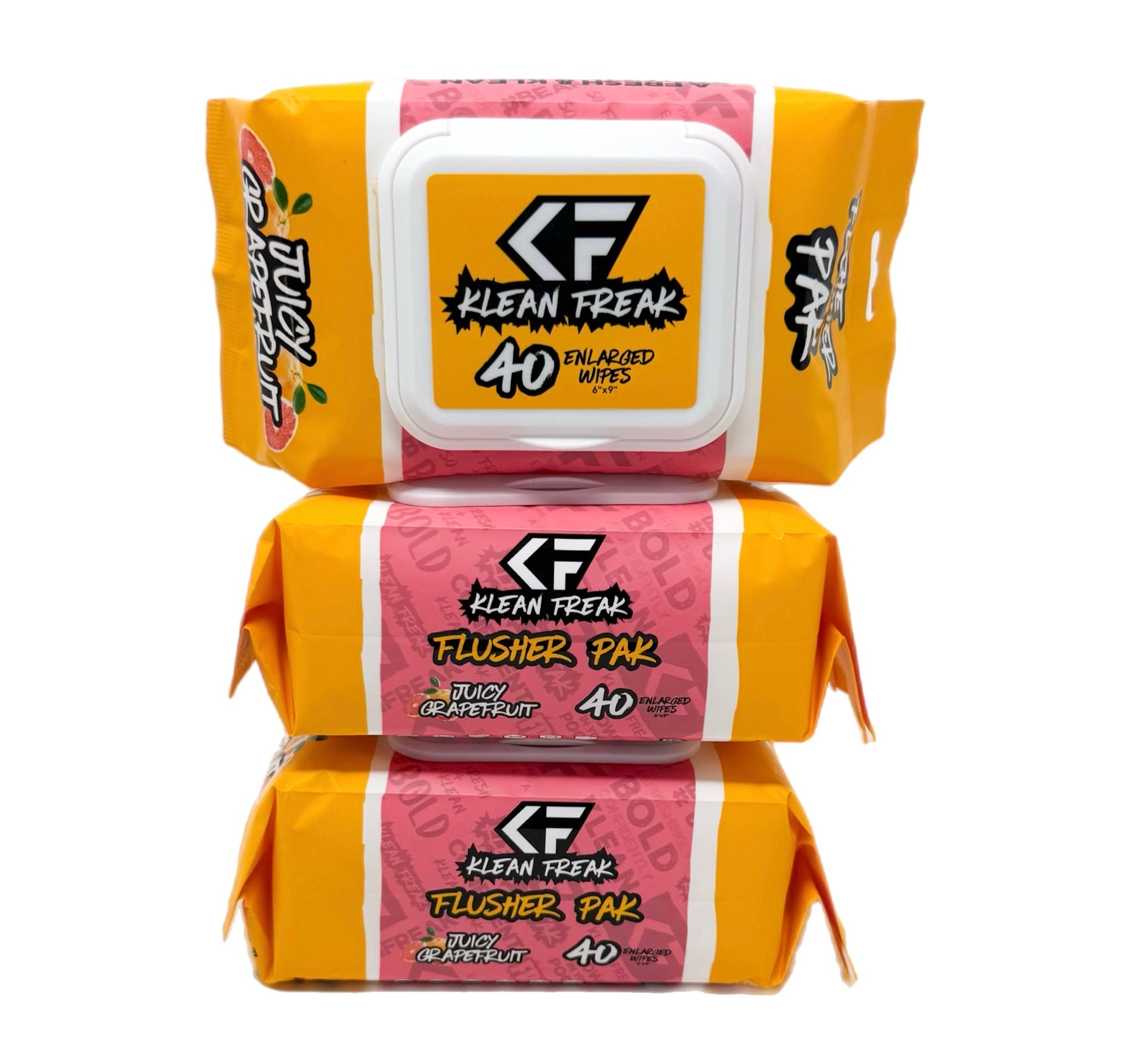Klean Freak - Wholesale Face & Body Wipes - The Flusher 40 Pak - 3 Pak Box - Juicy Grapefruit3
