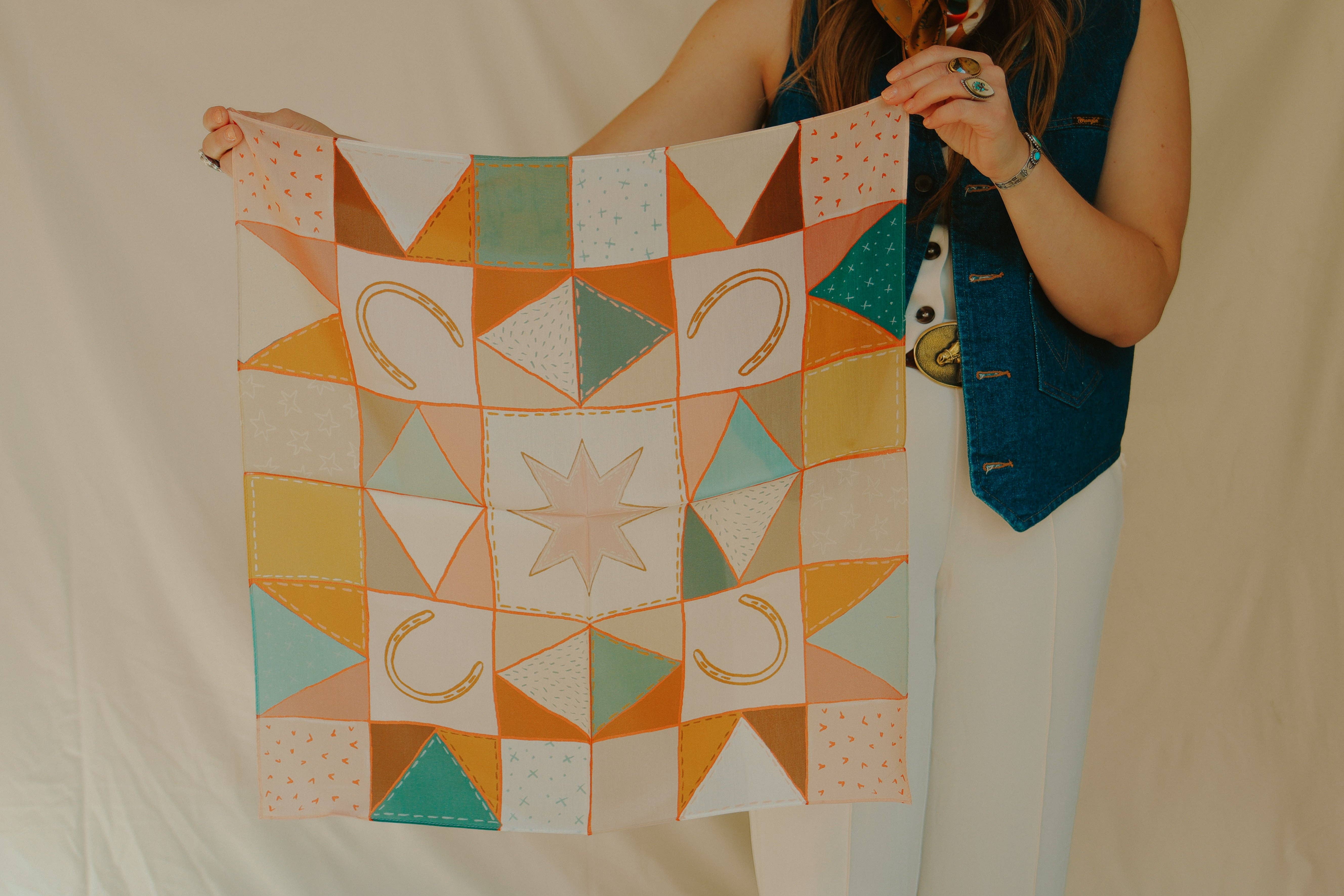 Tirzah Lane Art - Wholesale Scarf - Women's - Western Horseshoe Vintage Ranching Patchwork Quilt Silk Wild Rag Scarf Holiday Gift2