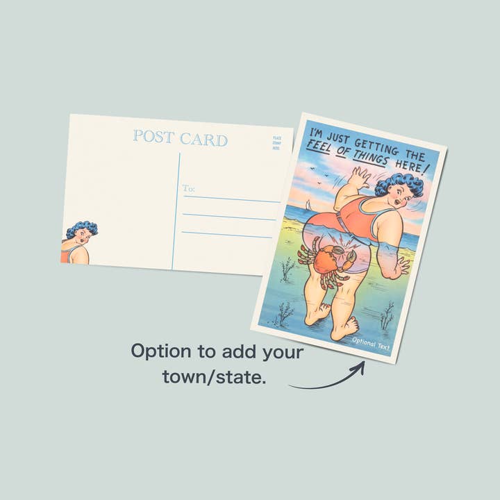Vintage coastal lady post card | Crab post card for wholesale by Simply Northern
