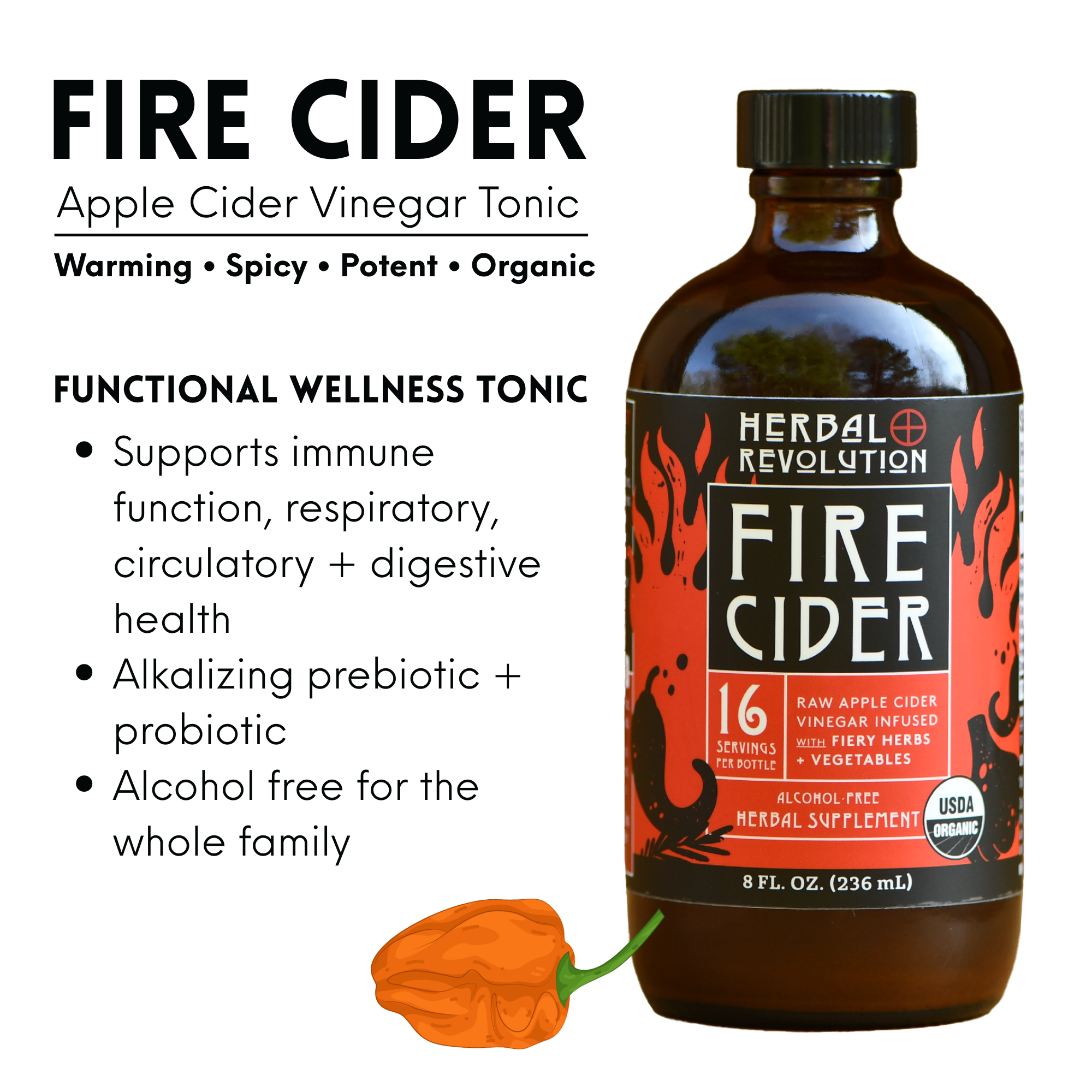 Herbal Revolution Farm + Apothecary - Wholesale Wellness Juice/Tonic - Fire Cider: Organic Raw Herbal ACV w/Mother Allergy + Immune3