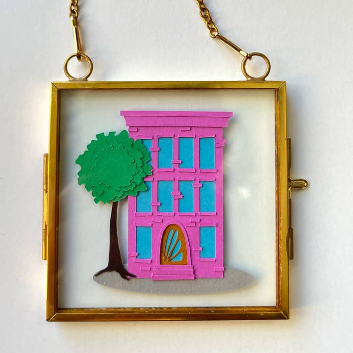 NYC Miniature Paper Artwork: Brooklyn Brownstone (Bubblegum) for wholesale by Paper for the People