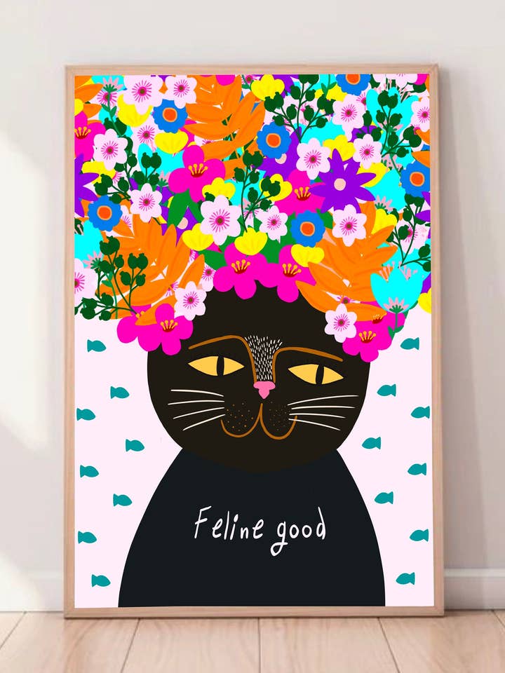 Impression d'art de chat Feline Good : Couronne florale colorée pour la vente par The Paper Tail