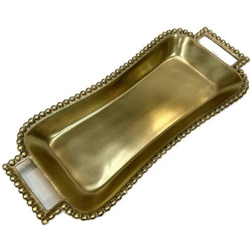 India Handicrafts Inc - Wholesale Decorative Tray - GOLD BEADED HANDLE ROUNDED RECTANGLE TRAY
