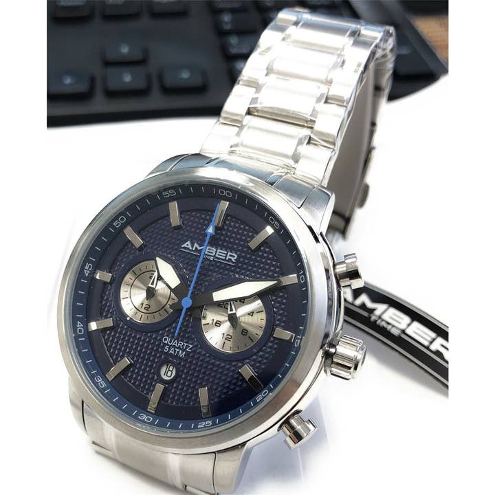 Amber Time – wholesale Armbandsur - Herr – Bärnsten tid mäns Quartz Kronograf klocka rostfritt stål Band 50m ATL160810-03BL5