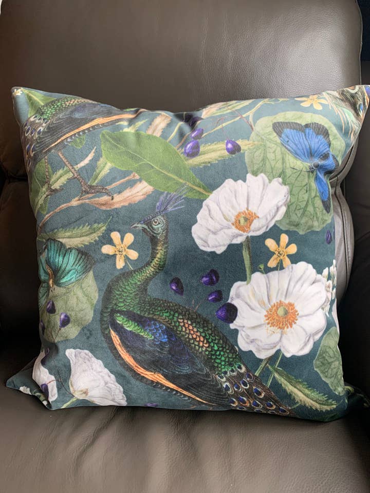Velvet Peacock in Nature Cushion for wholesale by The Lampshade Jungle